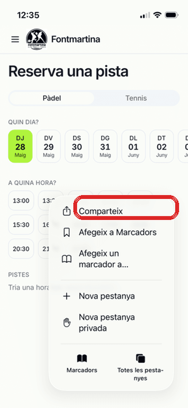 Opció Comparteix al menú de Safari