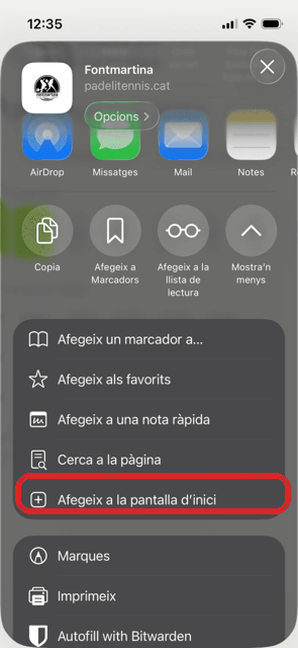 Opció Afegeix a la pantalla d'inici